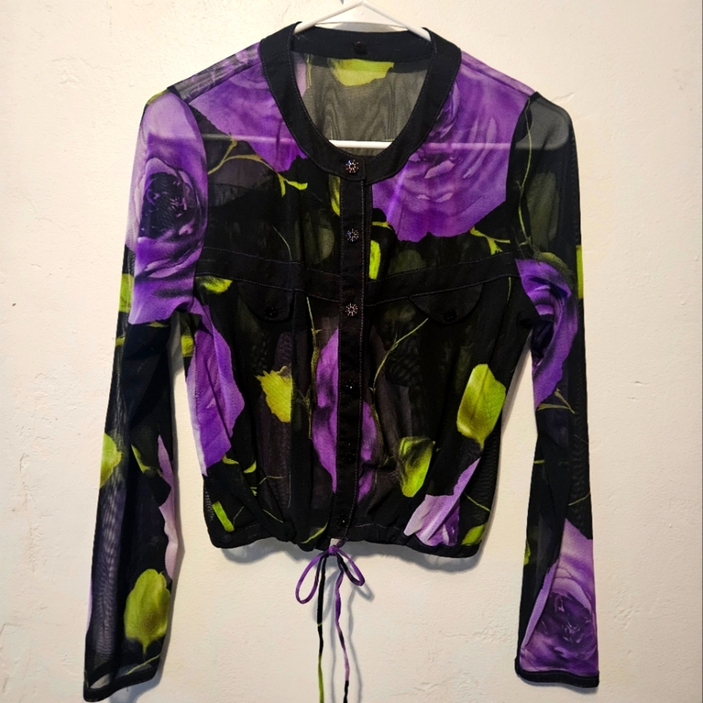 Sheer Black Long-Sleeved Cropped Jacket With Purple Roses (Women's US Small/Med)